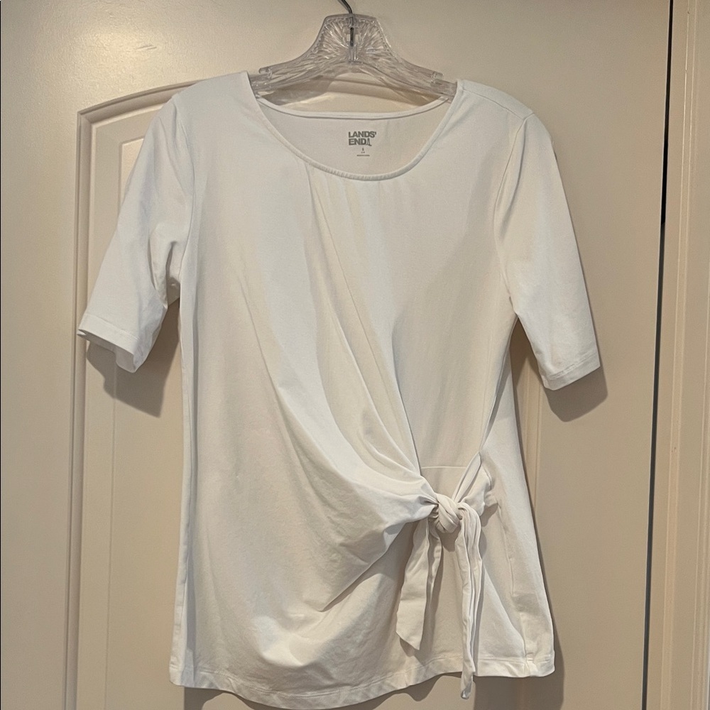 Lands' End Women's Classic White Short Sleeve Top Front Tie NWOT